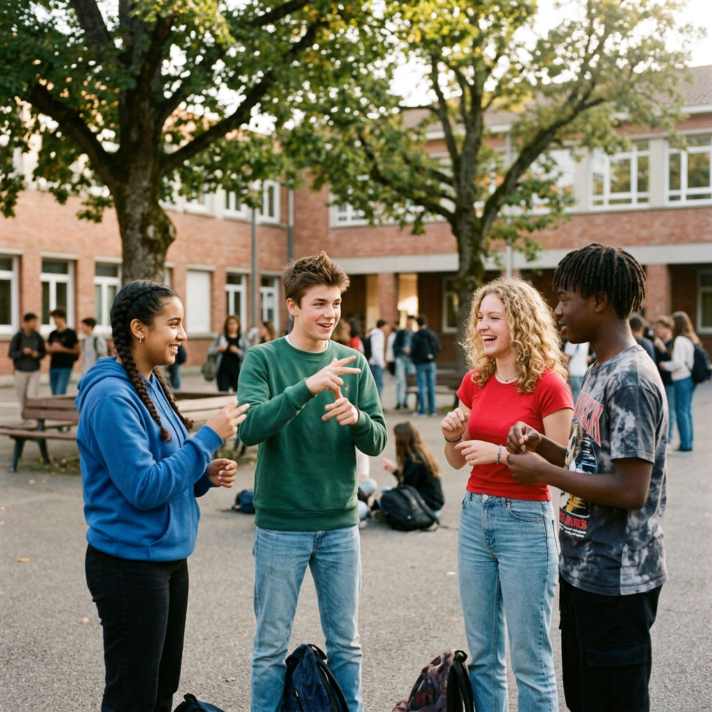 Four students talking together in a school courtyard